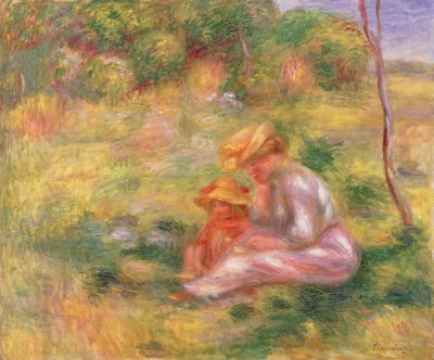 Kvinna och barn sitter på en åker, ca 1898 av Pierre Auguste Renoir